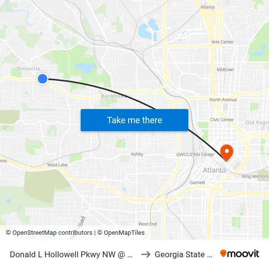 Donald L Hollowell Pkwy NW @ Hollywood Rd NW to Georgia State University map