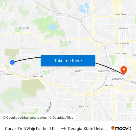 Carver Dr NW @ Fairfield Pl NW to Georgia State University map
