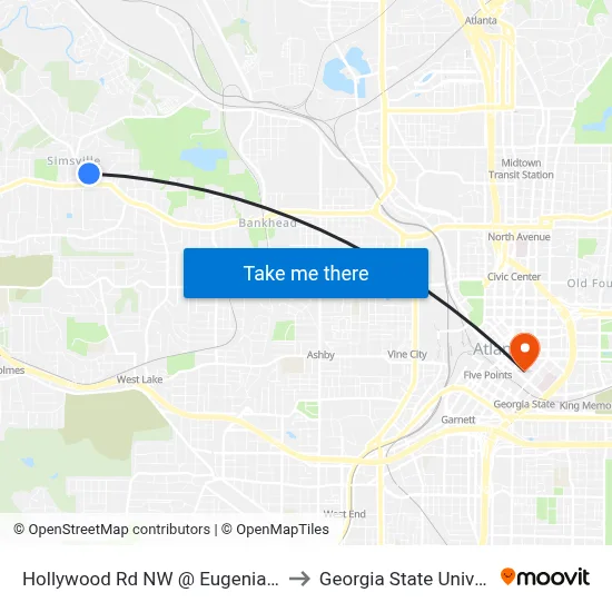 Hollywood Rd NW @ Eugenia Pl NW to Georgia State University map