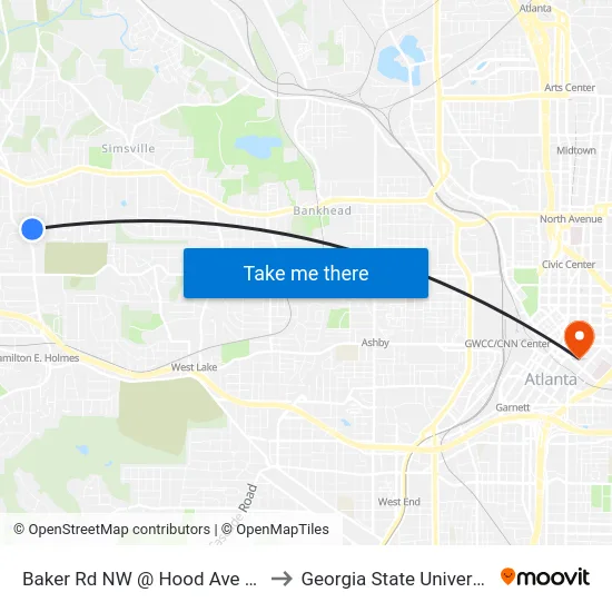 Baker Rd NW @ Hood Ave NW to Georgia State University map