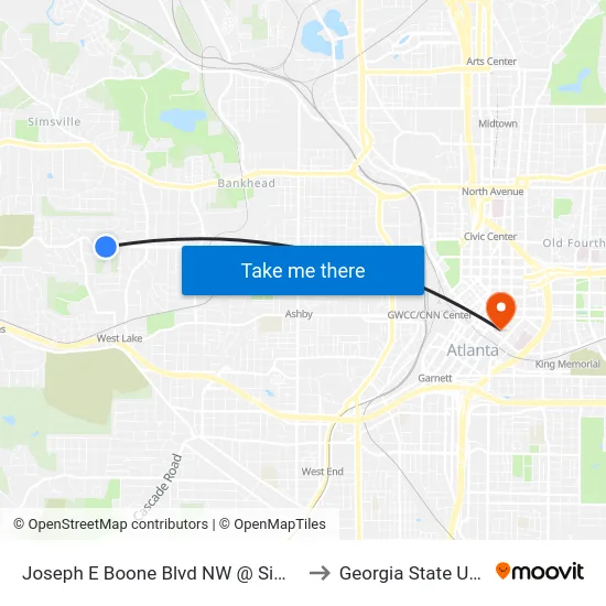 Joseph E Boone Blvd NW @ Simpson Ter NW to Georgia State University map