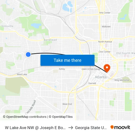 W Lake Ave NW @ Joseph E Boone Blvd NW to Georgia State University map