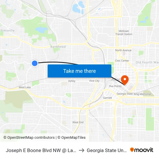 Joseph E Boone Blvd NW @ Lanier St NW to Georgia State University map