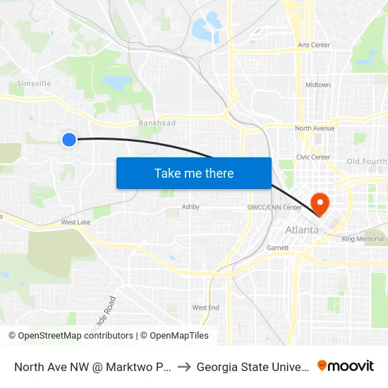 North Ave NW @ Marktwo Pl NW to Georgia State University map