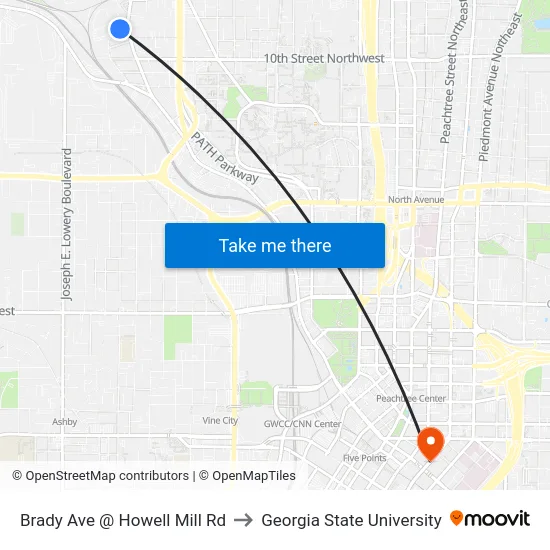 Brady Ave @ Howell Mill Rd to Georgia State University map