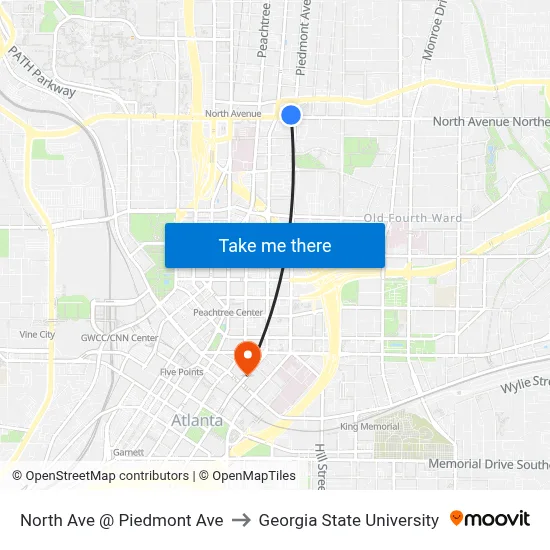 North Ave @ Piedmont Ave to Georgia State University map