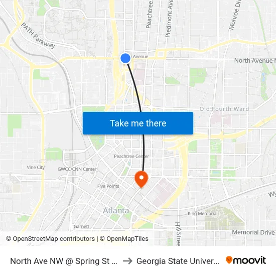 North Ave NW @ Spring St NW to Georgia State University map