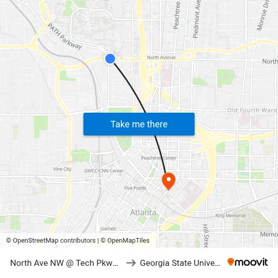 North Ave NW @ Tech Pkwy NW to Georgia State University map