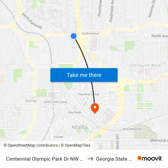 Centennial Olympic Park Dr NW @ North Ave NW to Georgia State University map