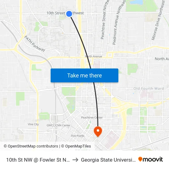 10th St NW @ Fowler St NW to Georgia State University map