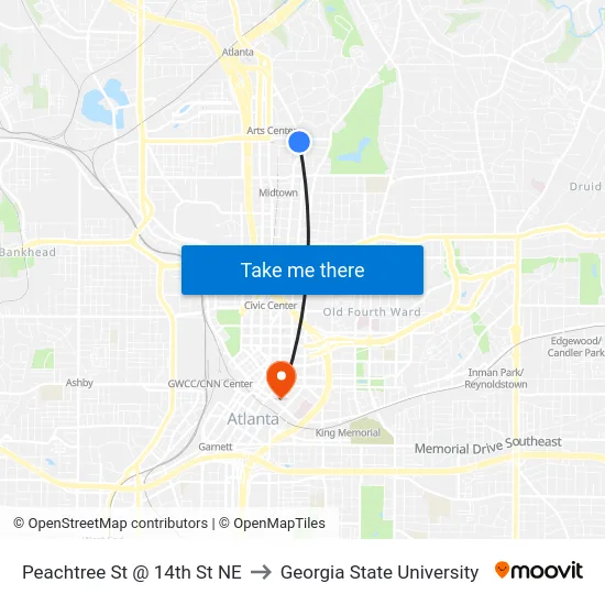 Peachtree St @ 14th St NE to Georgia State University map