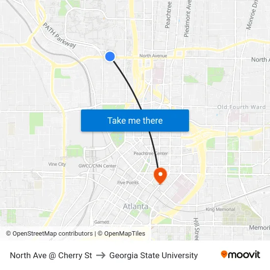 North Ave @ Cherry St to Georgia State University map