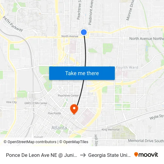 Ponce De Leon Ave NE @ Juniper St NE to Georgia State University map