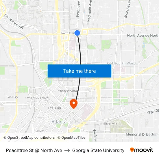 Peachtree St @ North Ave to Georgia State University map