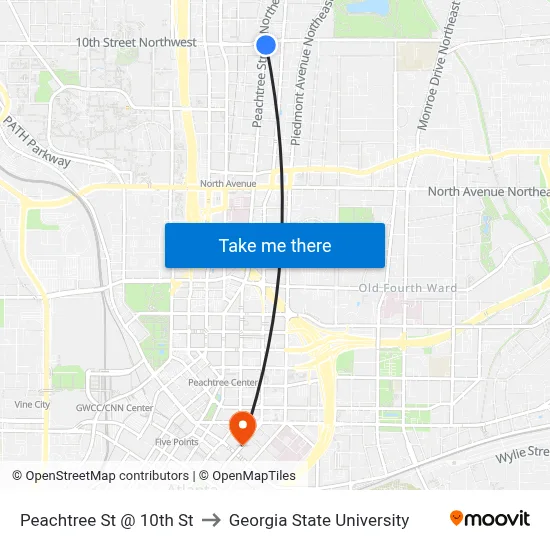 Peachtree St @ 10th St to Georgia State University map