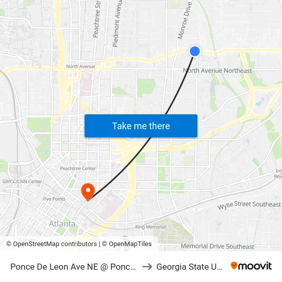Ponce De Leon Ave NE @ Ponce De Leon Ct to Georgia State University map