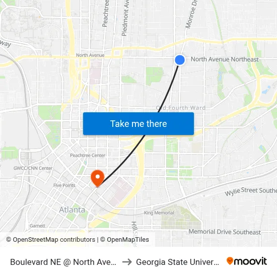 Boulevard NE @ North Ave NE to Georgia State University map