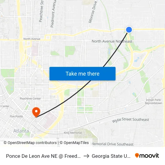 Ponce De Leon Ave NE @ Freedom Pkwy NE to Georgia State University map