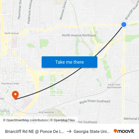 Briarcliff Rd NE @ Ponce De Leon Ave to Georgia State University map