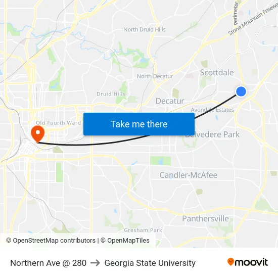 Northern Ave @ 280 to Georgia State University map