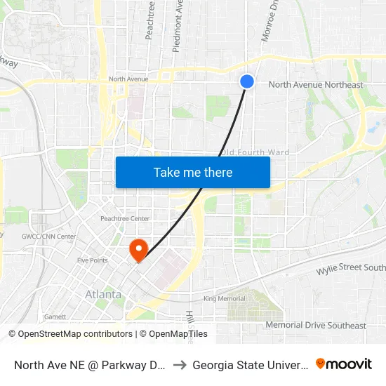 North Ave NE @ Parkway Dr NE to Georgia State University map