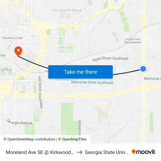 Moreland Ave SE @ Kirkwood Ave SE to Georgia State University map