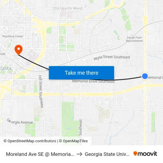 Moreland Ave SE @ Memorial Dr SE to Georgia State University map