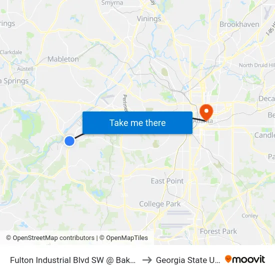 Fulton Industrial Blvd SW @ Bakers Ferry Rd (S) to Georgia State University map