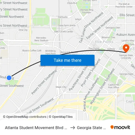 Atlanta Student Movement Blvd @ Walnut St SW to Georgia State University map