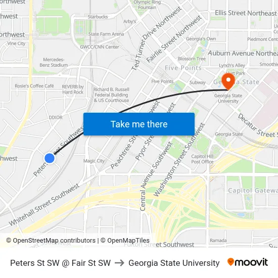 Peters St SW @ Fair St SW to Georgia State University map