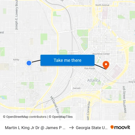 Martin L King Jr Dr @ James P Brawley Dr SW to Georgia State University map