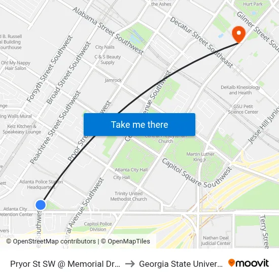 Pryor St SW @ Memorial Dr SW to Georgia State University map