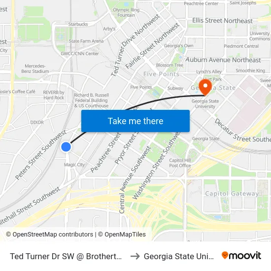 Ted Turner Dr SW @ Brotherton St SW to Georgia State University map