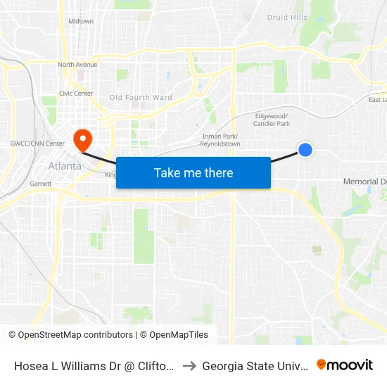 Hosea L Williams Dr @ Clifton St NE to Georgia State University map