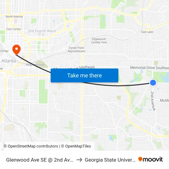 Glenwood Ave SE @ 2nd Ave SE to Georgia State University map