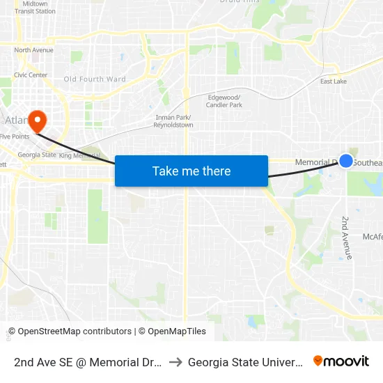 2nd Ave SE @ Memorial Dr SE to Georgia State University map