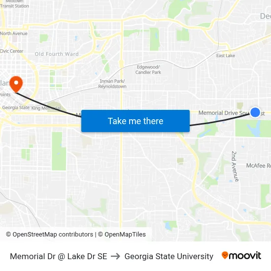 Memorial Dr @ Lake Dr SE to Georgia State University map