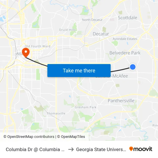 Columbia Dr @ Columbia Cir to Georgia State University map