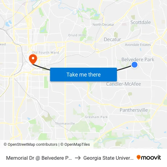 Memorial Dr @ Belvedere Plaza to Georgia State University map