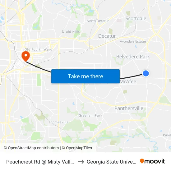 Peachcrest Rd @ Misty Valley Rd to Georgia State University map