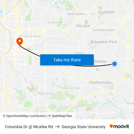 Columbia Dr @ Mcafee Rd to Georgia State University map