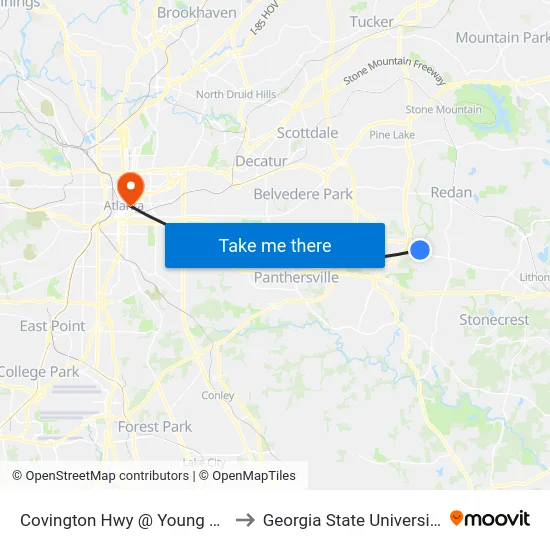 Covington Hwy @ Young Rd to Georgia State University map