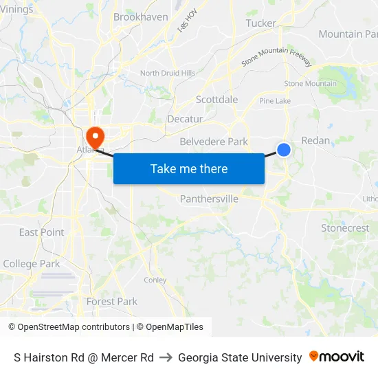 S Hairston Rd @ Mercer Rd to Georgia State University map