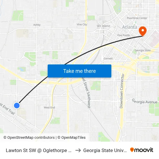 Lawton St SW @ Oglethorpe Ave SW to Georgia State University map