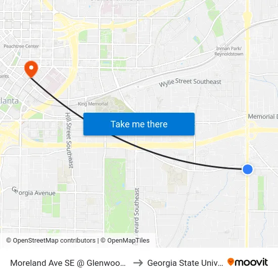Moreland Ave SE @ Glenwood Ave SE to Georgia State University map