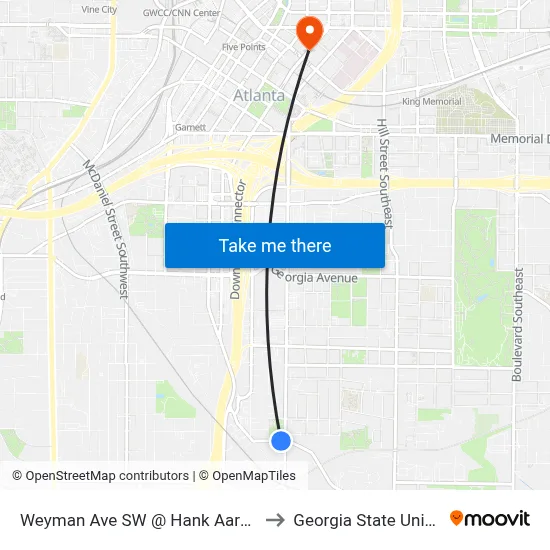 Weyman Ave SW @ Hank Aaron Dr SW to Georgia State University map