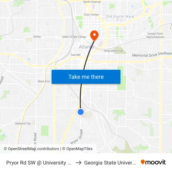 Pryor Rd SW @ University Ave to Georgia State University map