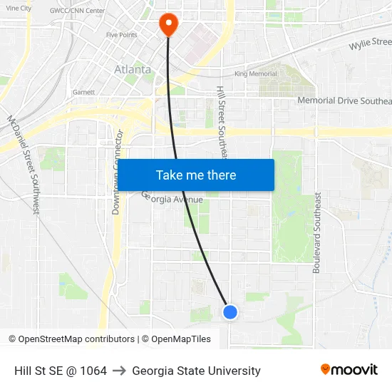 Hill St SE @ 1064 to Georgia State University map