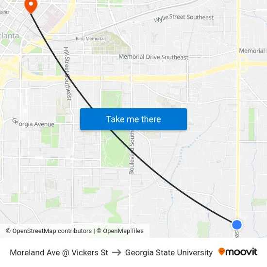 Moreland Ave @ Vickers St to Georgia State University map