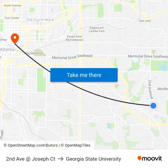2nd Ave @ Joseph Ct to Georgia State University map